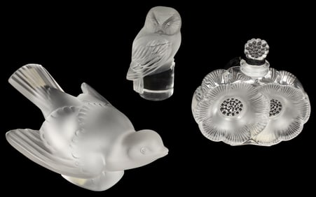 Lalique Crystal Incl. Perfume Bottle, Bird Figurines