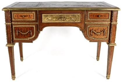 French Louis XVI Style Mahogany Gilt Bronze Mounted Bureau Plat