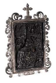 18th Century or Earlier, Spanish Carved Jet Adoration Scene in Silver Frame