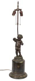 Antique French Bronze Sculpture of a Cherub Holding Grapes, Mounted as a Lamp