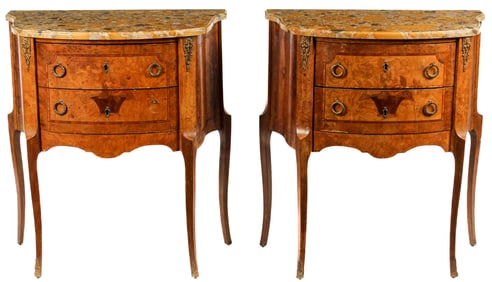 19th Century French Marquetry Inlaid Marble Top Nightstands