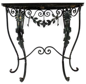 French Art Deco Painted Iron Black Marble Top Oscar Bach Style Console Table