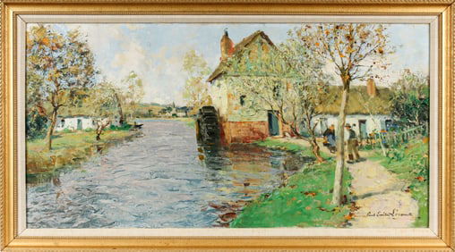 Paul Emile Lecomte (French, 1877-1950) Village Scene, Oil on Canvas Painting