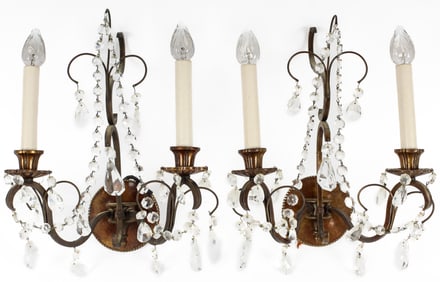 French Bronze and Crystal Two-Arm Wall Sconces, Decorated with Crystal Pendants and Crystal Beaded
