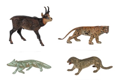 Group of Four Austrian Cold-Painted Bronze Animals, Lioness, Fox, Badger or Weasel, and a Chamois