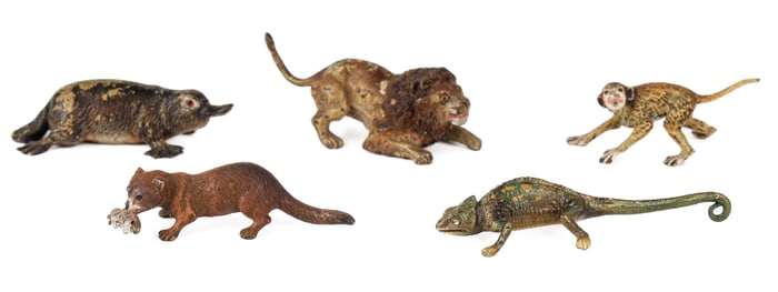 Group of Five Austrian Cold-Painted Bronze Miniature Animals, Lion, Platypus, Iguana, Monkey, and