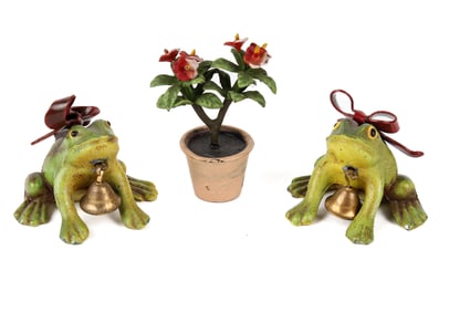 Group of Three Austrian Cold-Painted Bronze Miniatures, Two Frogs and a Flower Pot