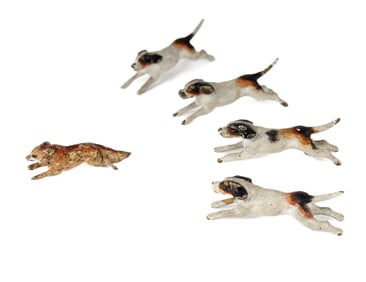 Group of Five Austrian Cold-Painted Miniature Running Hounds and a Running Fox