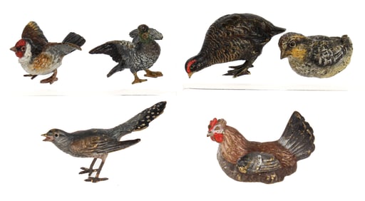 Group of Six Austrian Cold-Painted Bronze Miniature Birds, Hen, Partridge or Grouse, Goldfinch,