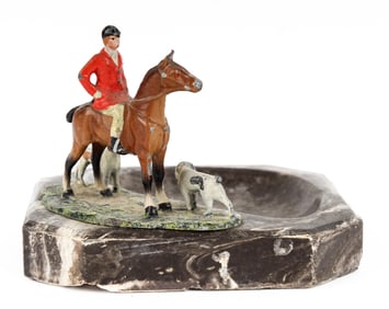Cold-Painted Metal Gentleman on a Foxhunter Horse with Two Hounds Stone Ashtray
