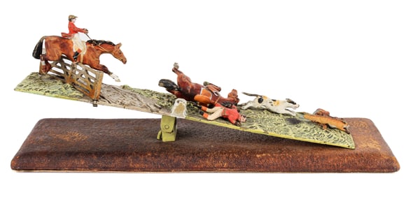 Austrian Cold-Painted Bronze Desk-Clip or Document Holder Modeled as a Hunt Scene with Miniature