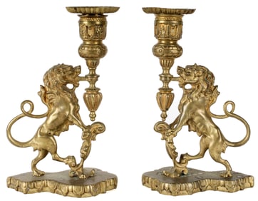 Pair of Bronze Rampant Lion Form Candlesticks