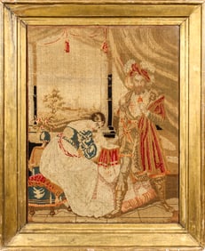 Berlin Wool Work Needlepoint Panel Depicting Two Figures in an Interior Scene