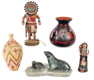 Group of Native American and Inuit Works, Pottery, Kachina Doll, Storyteller Doll