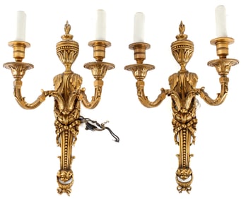 Pair of Bronze Two-Arm Wall Sconces, Urn Form Decoration