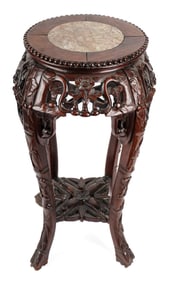 Chinese Carved Rosewood Marble Top Plant Stand