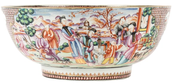 Chinese Export Famille Rose Mandarin Palette Porcelain Punch Bowl