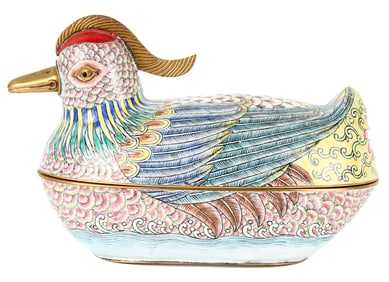 Chinese Canton Enamel Over Bronze Duck-Form Covered Box