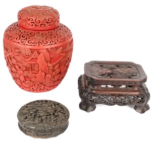 Chinese Cinnabar Covered Ginger Jar and Carved Horn Box