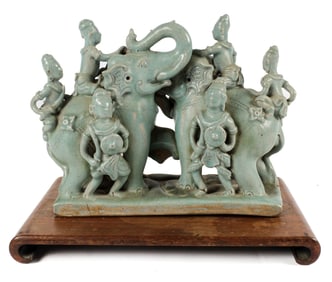 Thai Celadon Glazed Pottery Warring Elephants Sculpture