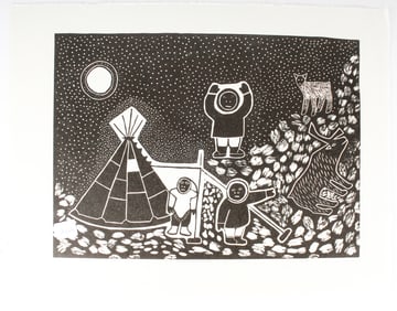 Janet Nipi Ikuutaq (Inuit, B. 1935) Hunters Enticing Caribou, Signed Woodcut