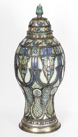 Large Moroccan Pottery Filigree Overlay Lidded Urn, 34"