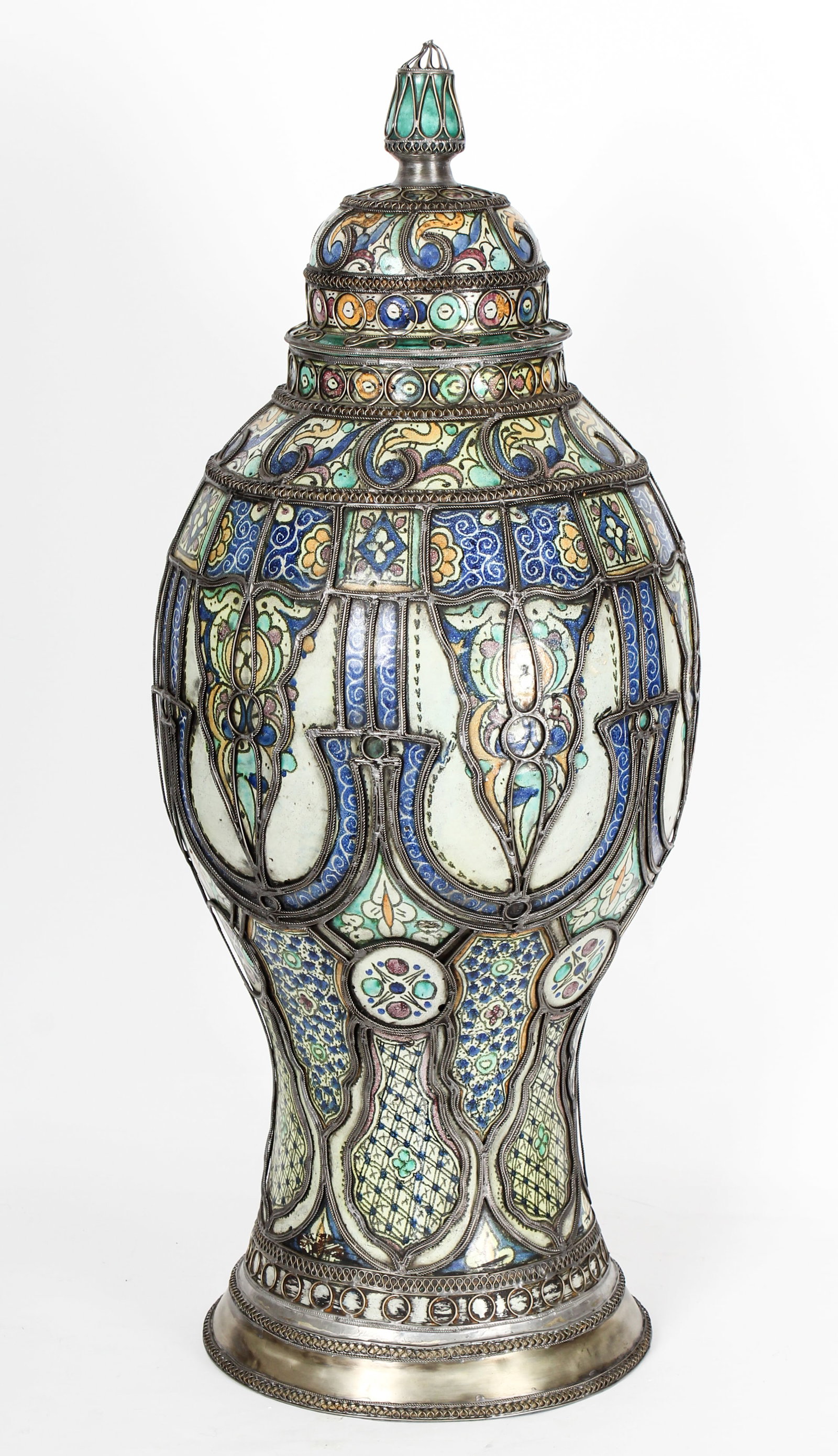 Large Moroccan Pottery Filigree Overlay Lidded Urn, 34" (1 of 6)
