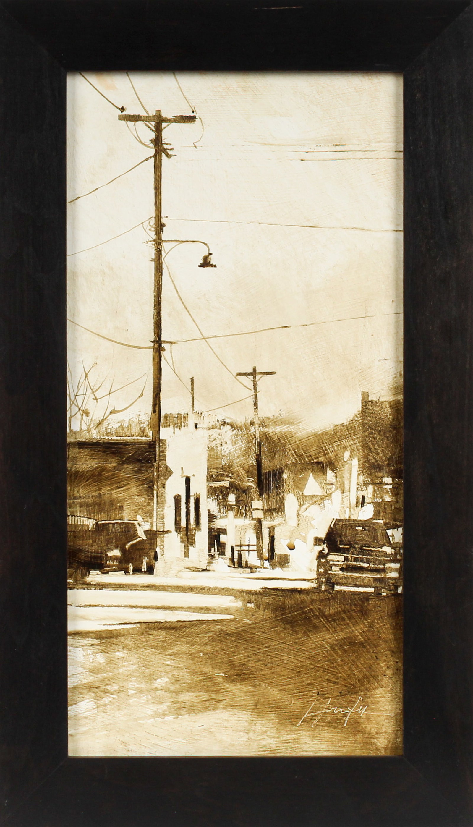 Charlie Hunter (American, Contemporary) Jerome I, Oil on Board Painting: Description: An original oil on board by Charlie Hunter depicting the street life of Jerome, Arizona. Titled "Jerome I" and dated 2014.Markings & Inscriptions: Signed, titled, and dated 2014 Date: 201