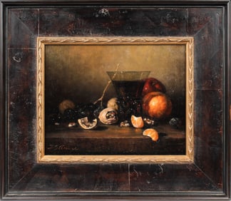 Frank Arcuri (American, B. 1946) Still Life of Wine, Fruit, and Nuts, Oil on Canvas Board Painting