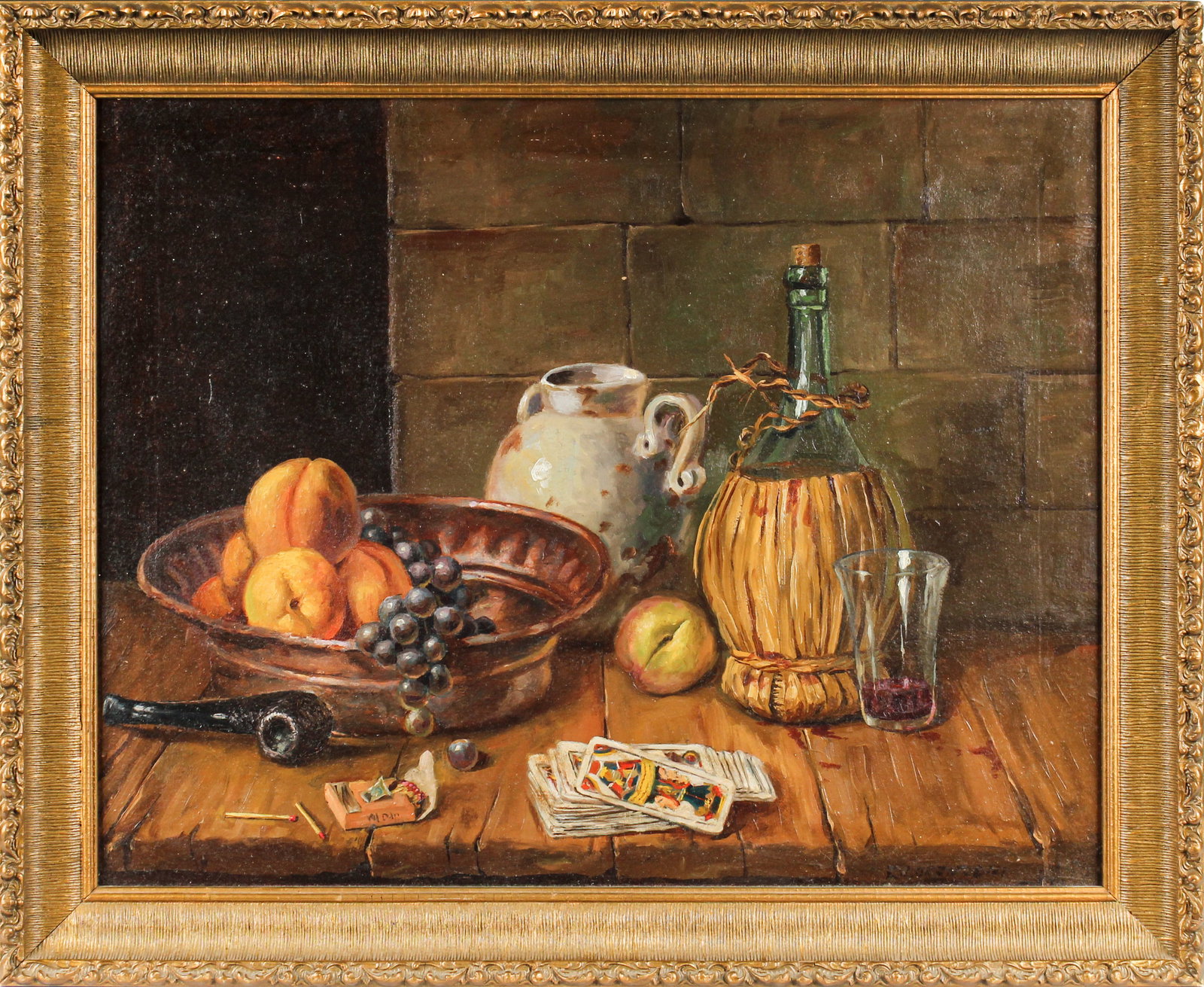Eldora Pauline Lorenzini (American, 1910-1993) Still Life with Playing Cards, Oil on Canvas: Description: An original oil on canvas by Eldora Lorenzini depicting a still life with wine bottle, fruit bowl, ceramic jug, playing cards, and matches. Markings & Inscriptions: Signed "E. Lorenzini"