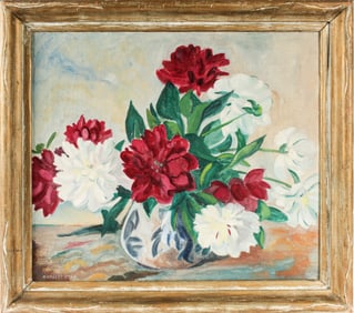 Margery Pyle (Delaware, 20th C.) Still Life of Peony Flowers, Oil on Canvas Painting