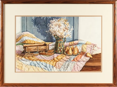 Geraldine McKeown AWS (American, Contemporary) Still Life With Quilt and Buffalo Pottery Pitcher,