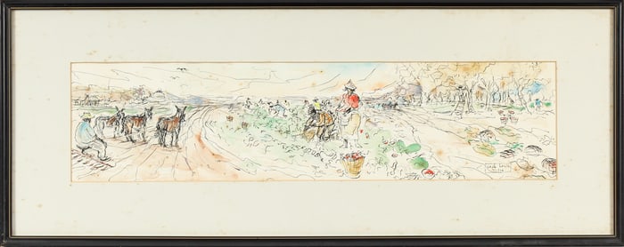 Jack Lewis (American, 1912-2012) Male and Female Figures Harvesting, Watercolor & Ink