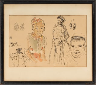 Jack Lewis (American, 1912-2012) Figural Studies of Bean Pickers, Bridgeville, Watercolor & Ink