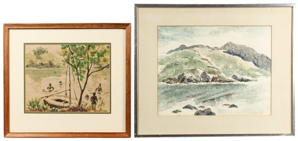 Margery Pyle (American, B. 1903) Landscape and Figures in the Water, Watercolor on Paper
