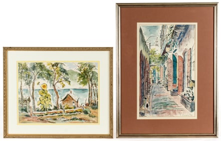 Margery Pyle (American, B. 1903) St. Thomas Shops Scene, Watercolor Painting