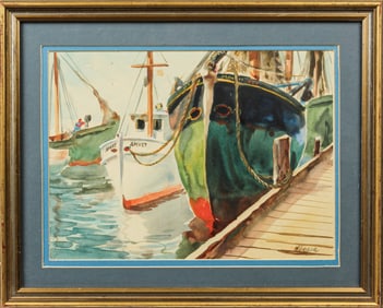 Henry Gasser (American, 1909-1981) Docked Ships, Watercolor Painting