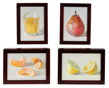 David Oleski (American, B. 1961) Four Paintings, Glass of Orange Juice, Red Pear, Three Tangerine