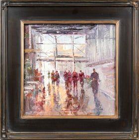 Michele Byrne (American, B. 1959) Urban Lunch Hour, Oil on Board Painting