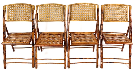 Four Torched Bamboo & Rattan Folding Chairs