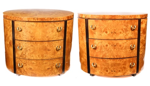 Pair of Hickory White Three Drawer Burlwood Veneered Bedside Chests