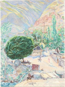 Yuri Strelnikov (Uzbekistan, 20th C.) Mountain Village, Soviet Era Oil on Canvas Painting