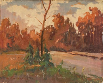 V.N. Korolkov (Ukrainian, 20th C.) Autumn, Soviet-Era Landscape Oil on Panel Painting
