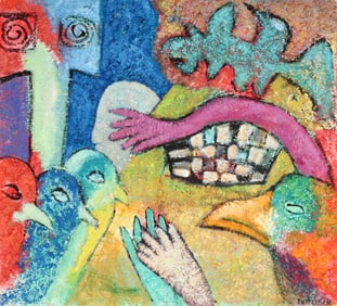 Florence Putterman (American, 1927-2021) Bird, Hand and Man Series, Acrylic and Sand on Canvas