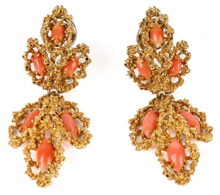18 Karat Yellow Gold Coral Earrings