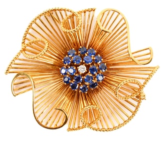 18 Karat Yellow Gold Retro Sapphire Brooch