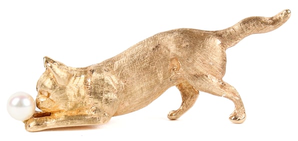 14 Karat Yellow Gold Cat Brooch