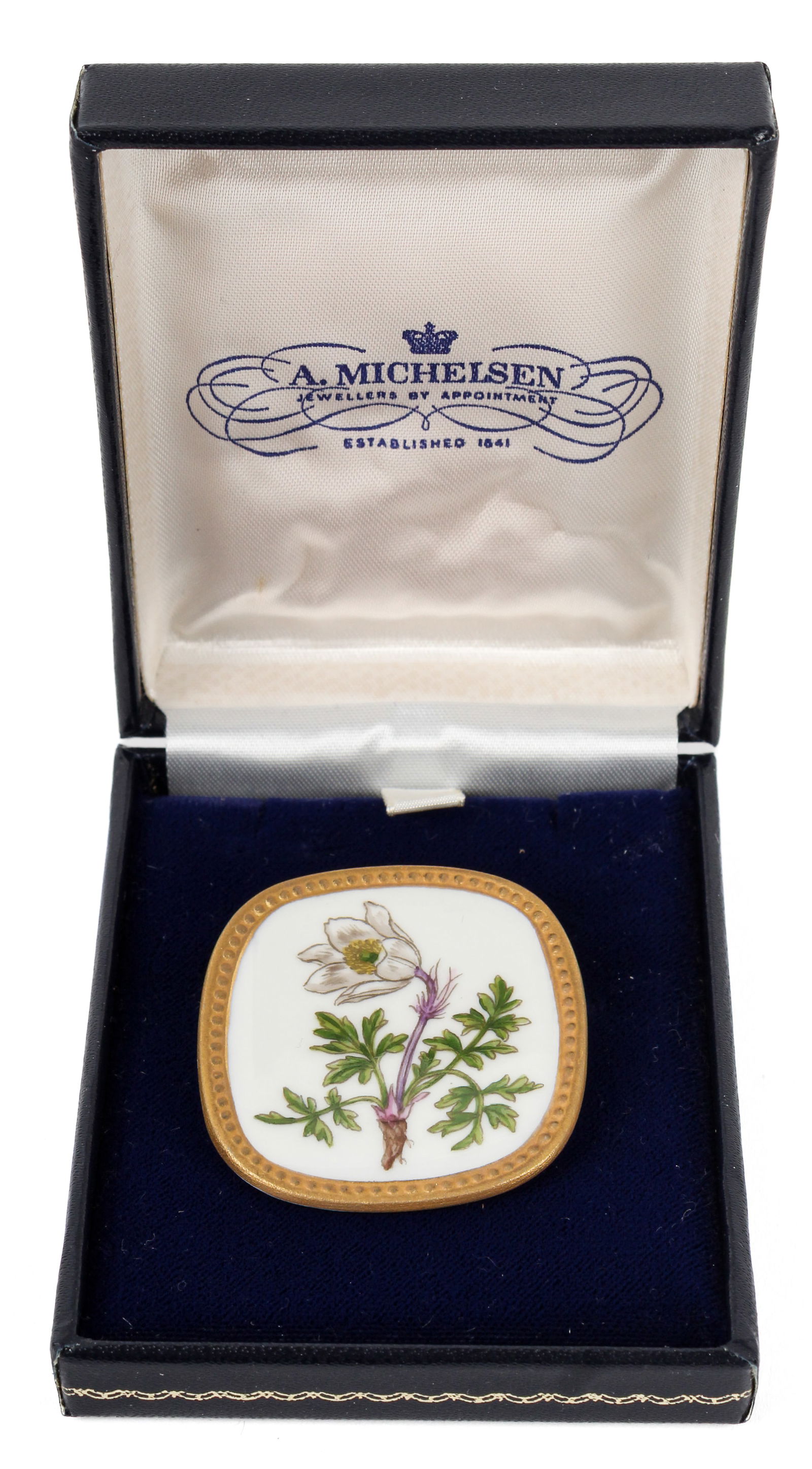 A.Michelsen Flora Danica Brooch - Royal Copenahagen: Description: A hand-painted porcelain Royal Copenhagen Flora Danicabrooch. Sterling silver. Signed, retailed by A.Michelsen Markings & Inscriptions: Maker's mark, 925 Date: Late 20th century Maker: A.