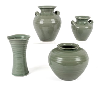 Simon Pearce, Four Celadon Green Crackle Glaze Vases