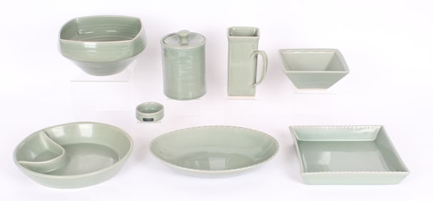 Simon Pearce, Eight Celadon Green Crackle Stoneware Serving Pieces